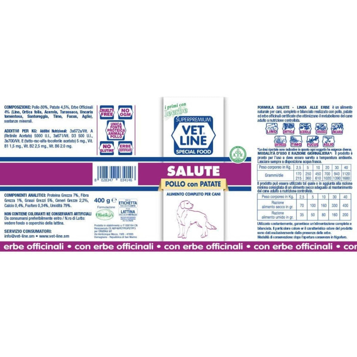 Vet Line Salute Pollo con Patate 400 g Alimento Umido Monoproteico per Cani VetLine