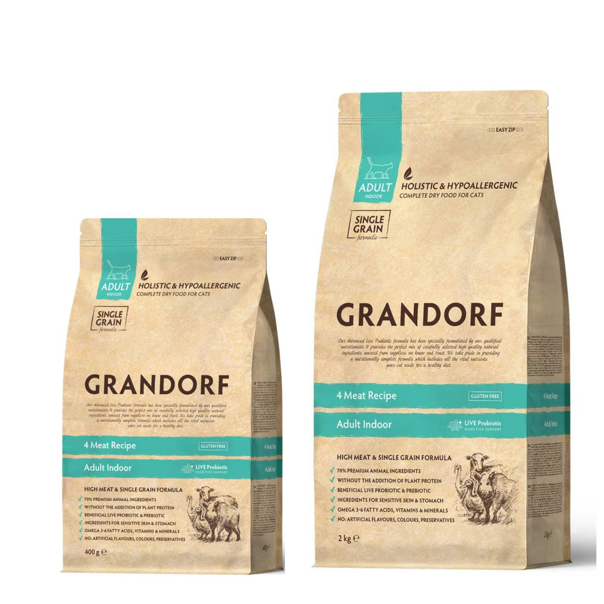 Grandorf Adult Indoor 4 Carni e Riso Integrale per Gatti Adulti Indoor