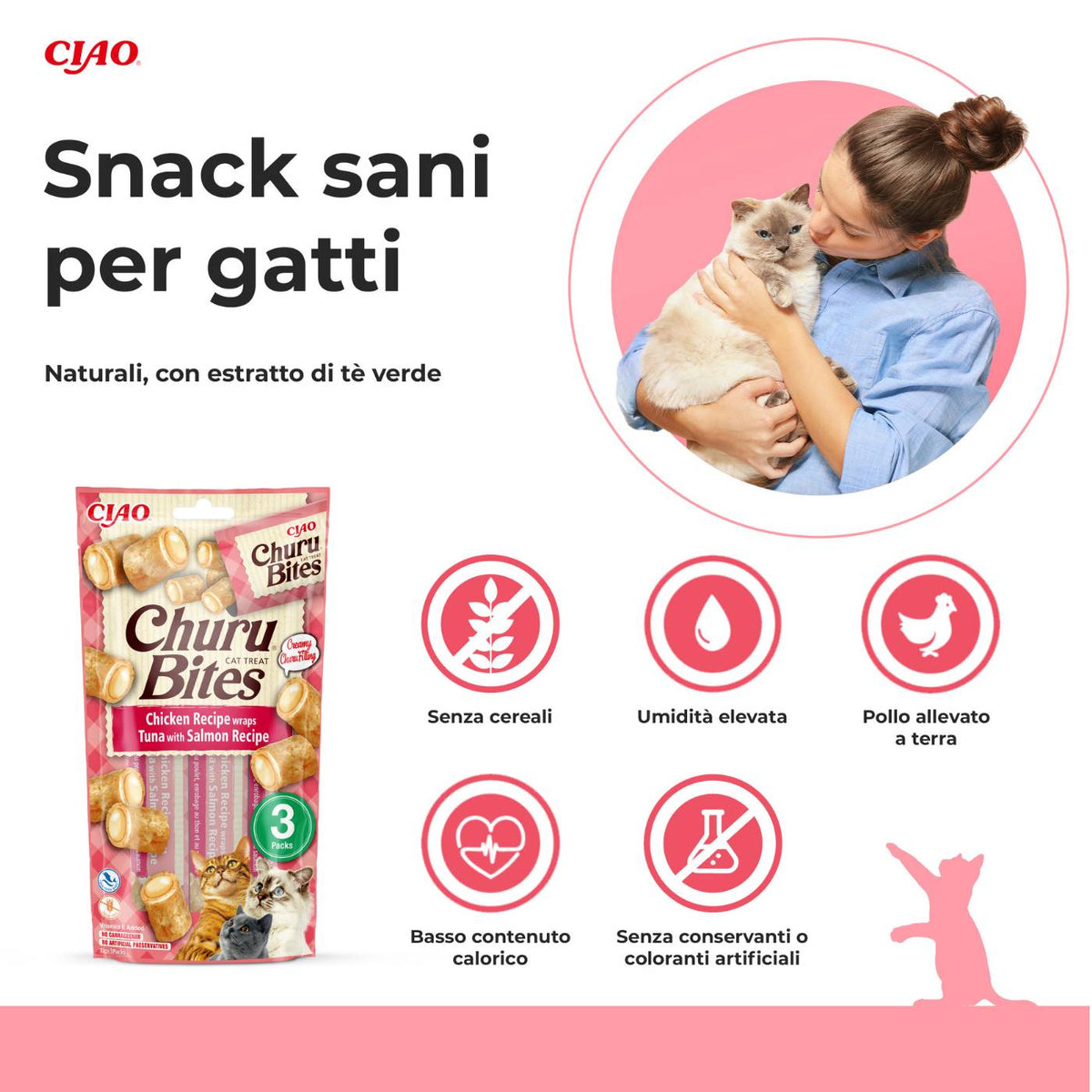 Inaba Ciao Churu Bites Premio Snack per Gatti al Pollo con Ripieno Morbido di Tonno e Salmone 3 Stick da 10 g
