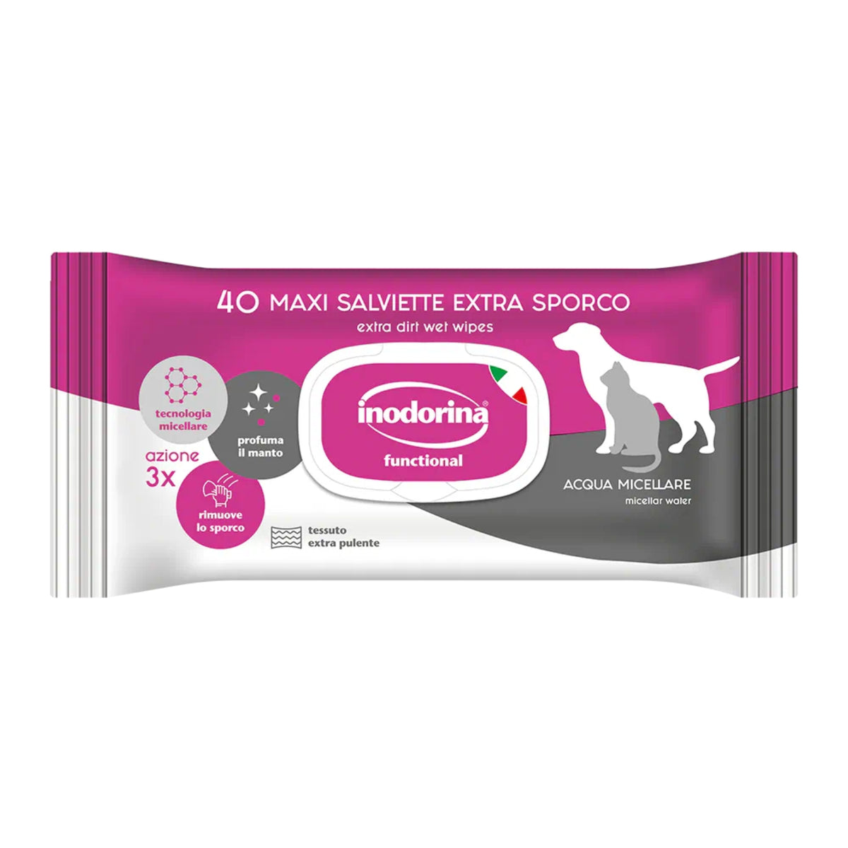 Inodorina Salviette Umidificate Extra Sporco per Cuccioli Cani e Gatti Acqua Micellare 40 pz