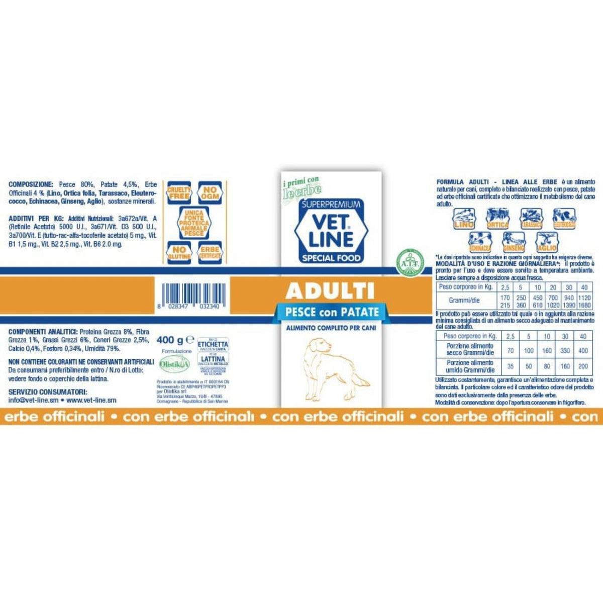 Vet Line Umido Pesce e Patate per Cani Adulti 400 g VetLine