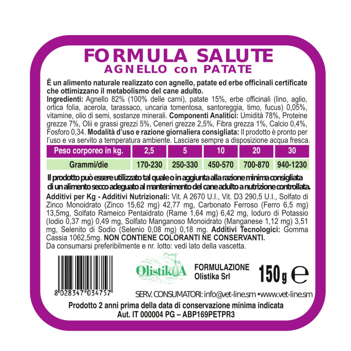 Vet Line Salute Agnello con Patate 150 g Alimento Umido Monoproteico per Cani VetLine