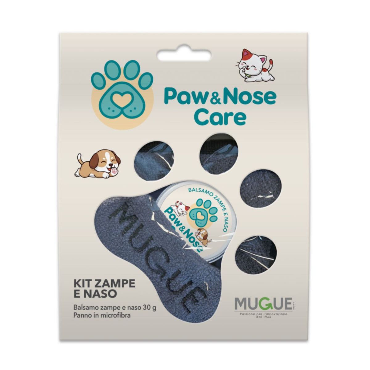 Mugue Kit Balsamo per Zampe e Naso per Cani e Gatti con Panno in Microfibra Paw&amp;Nose Care 30 g