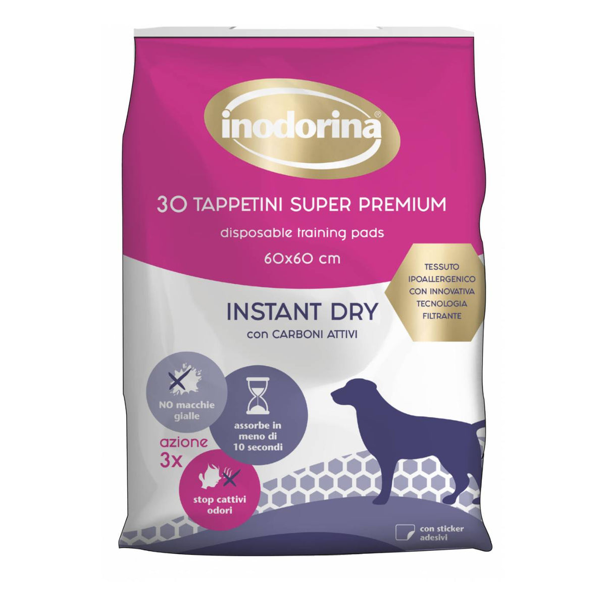 Inodorina Tappetini Igienici per Cani con Carboni Attivi Super Premium Instant Dry 60 x 60 cm 30 pz