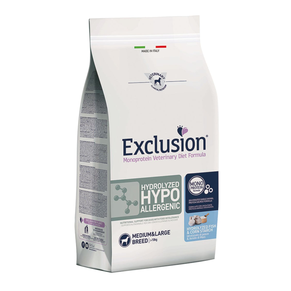 Exclusion Diet Hypoallergenic Hydrolyzed Medium Large Pesce e Amido di Mais per Cani Adulti
