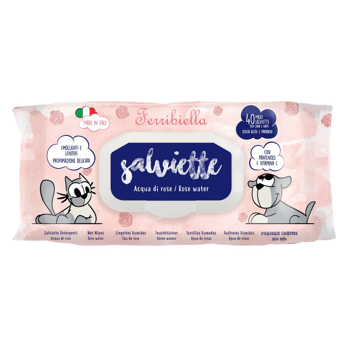 Ferribiella Salviette Detergenti per Cani e Gatti Acqua di Rose 40 Pezzi