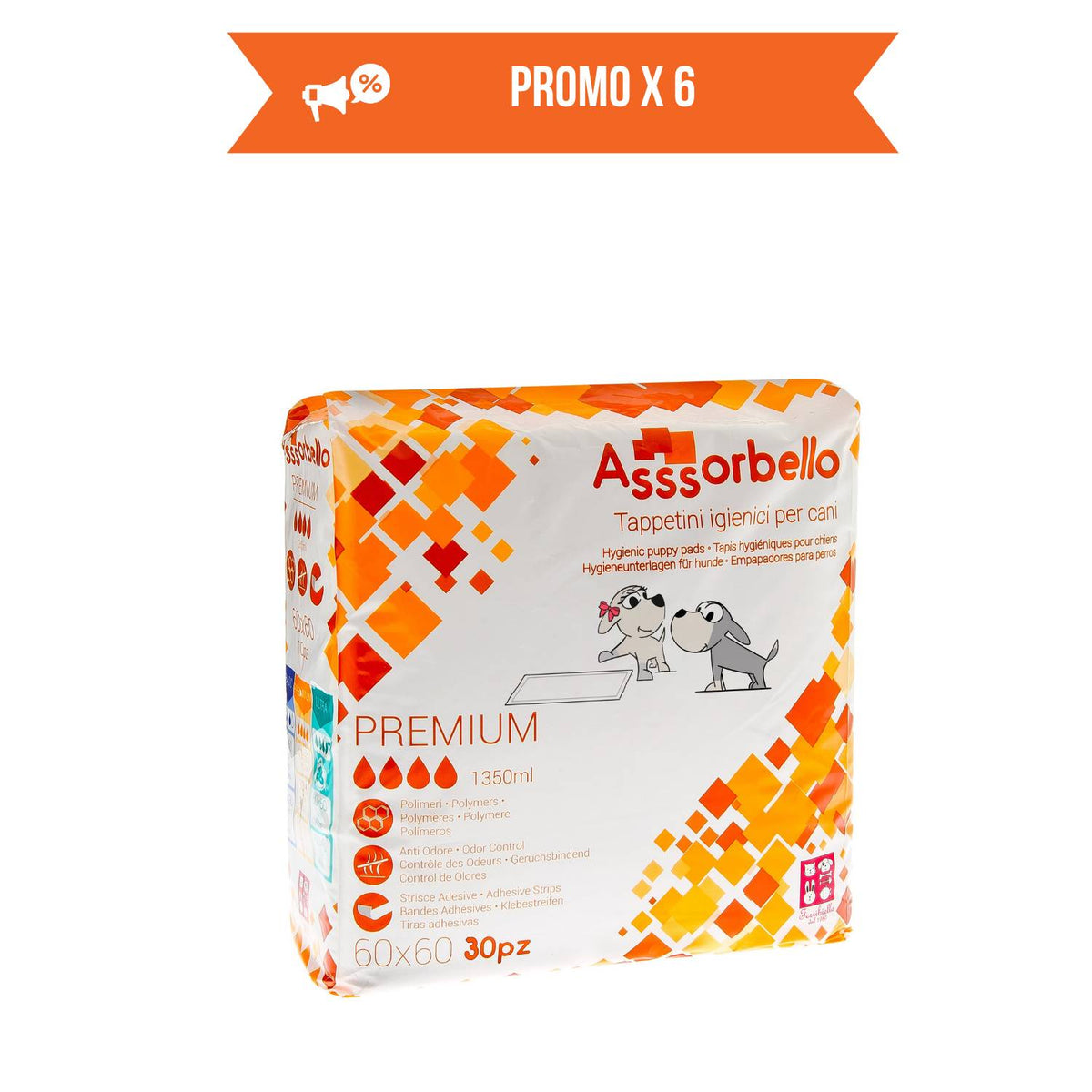 Ferribiella Tappetini Igienici Premium per Animali Domestici 60 x 60 cm 30 pz con Strisce Adesive
