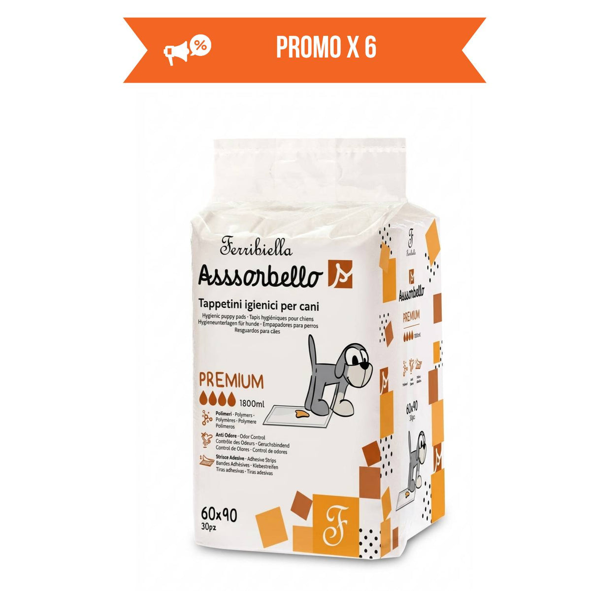 Ferribiella Tappetini Igienici Premium per Animali Domestici 60 x 90 cm 30 pz con Strisce Adesive