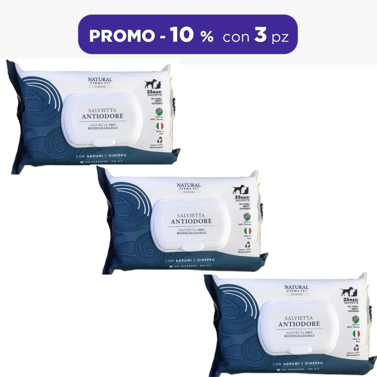 Natural Derma Pet by Derbe Salviettine Antiodore per Cani Gatti e Cuccioli 100% Biodegradabili