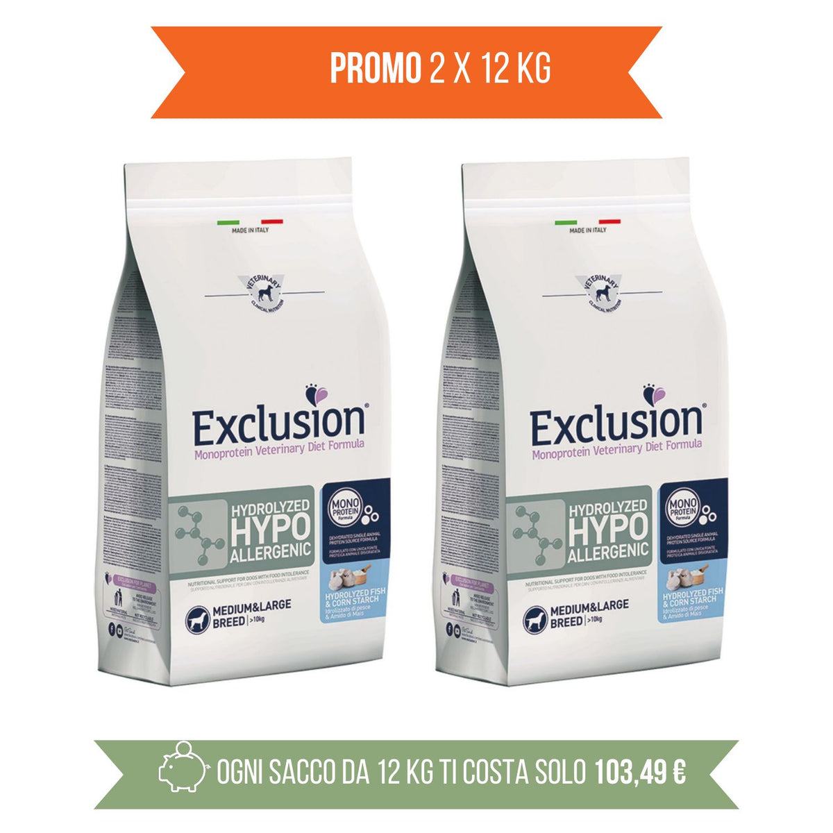 Exclusion Diet Hypoallergenic Hydrolyzed Medium Large Pesce e Amido di Mais per Cani Adulti