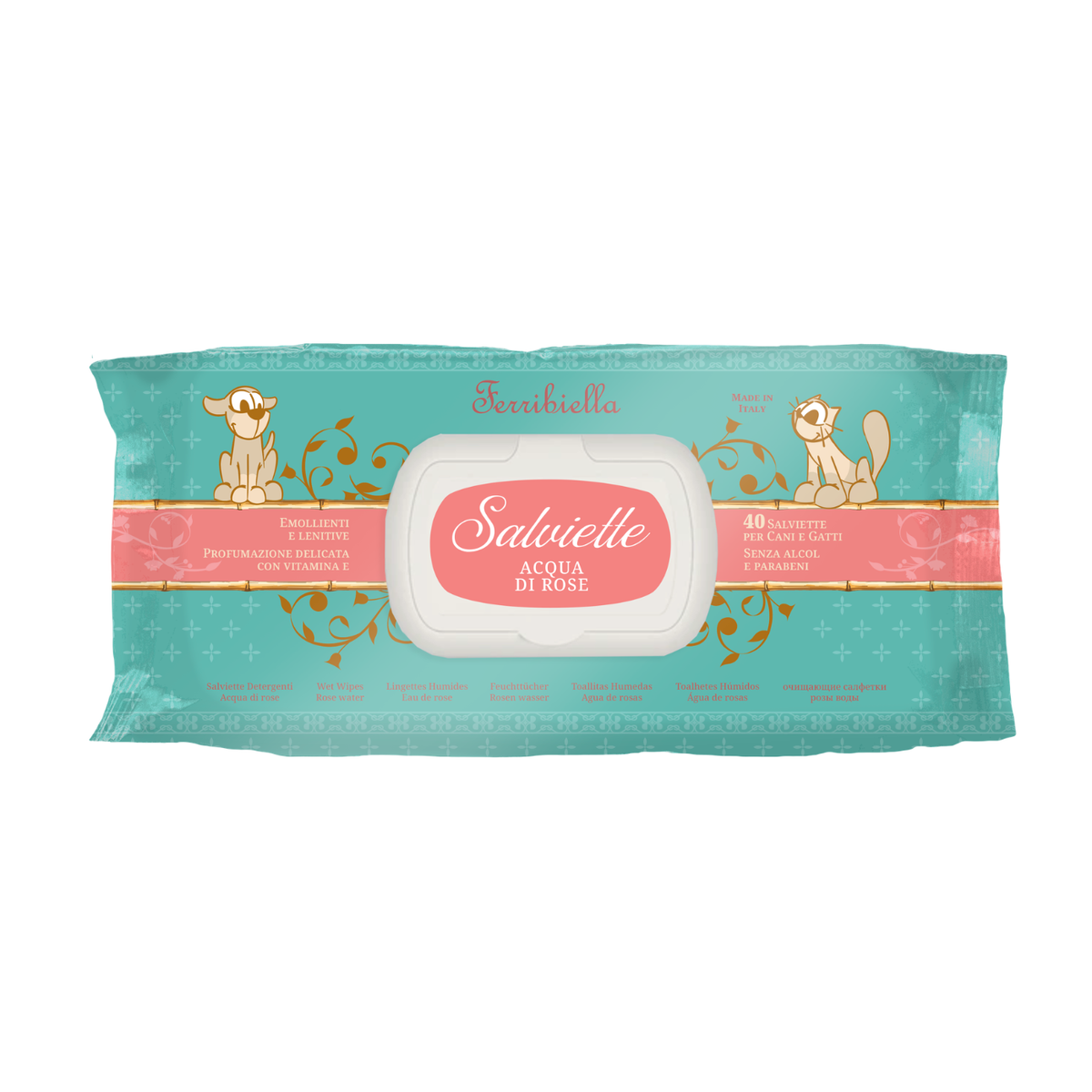 Ferribiella Salviette Detergenti per Cani e Gatti Acqua di Rose 40 pz