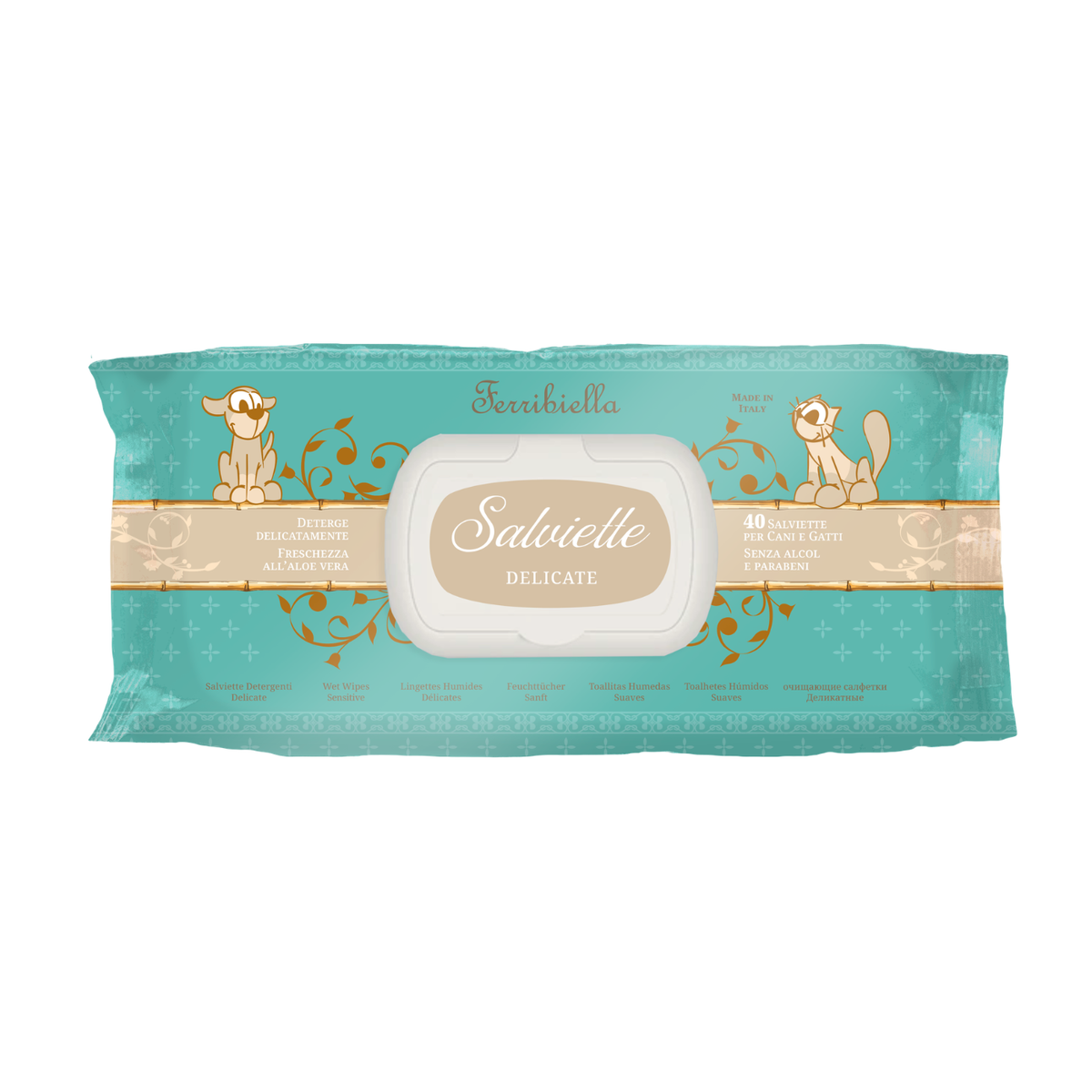 Ferribiella Salviette Detergenti Delicate per Cani e Gatti 40 pz
