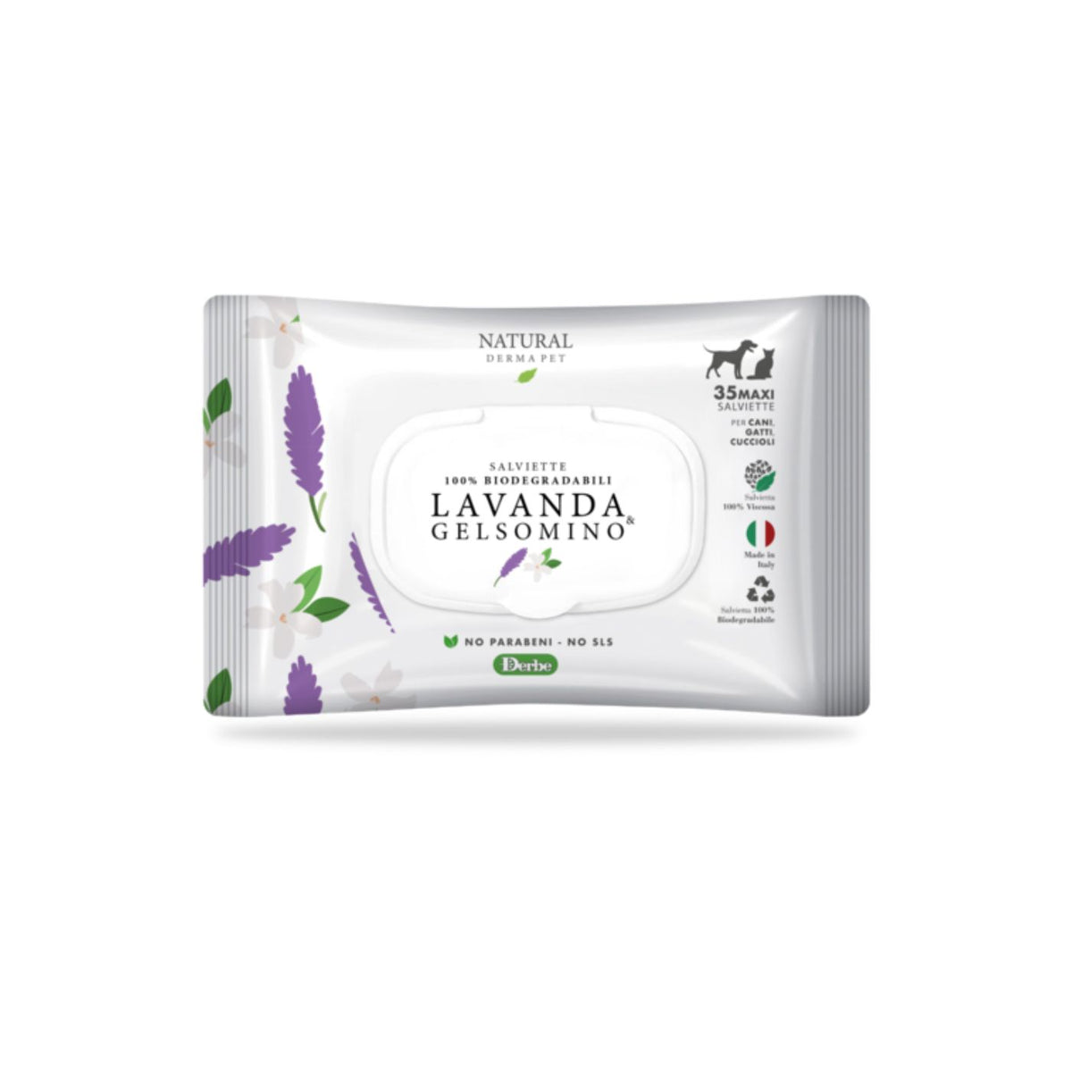 Natural Derma Pet by Derbe Salviette Detergenti Profumate Biodegradabili Lavanda e Gelsomino per Cani Gatti e Cuccioli