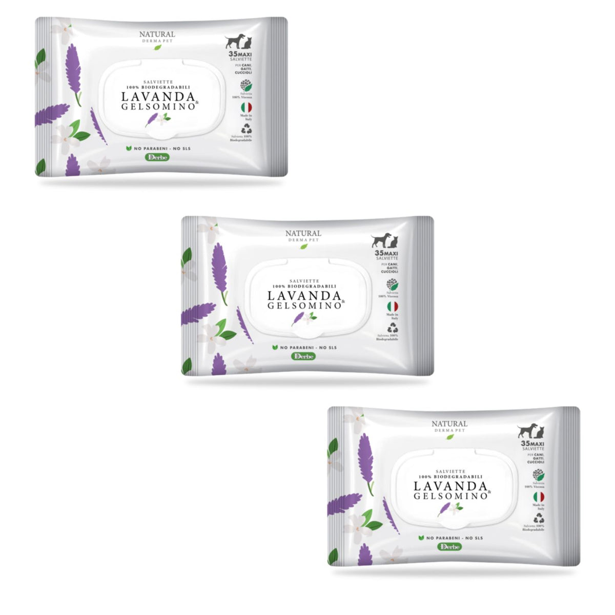 Natural Derma Pet by Derbe Salviette Detergenti Profumate Biodegradabili Lavanda e Gelsomino per Cani Gatti e Cuccioli