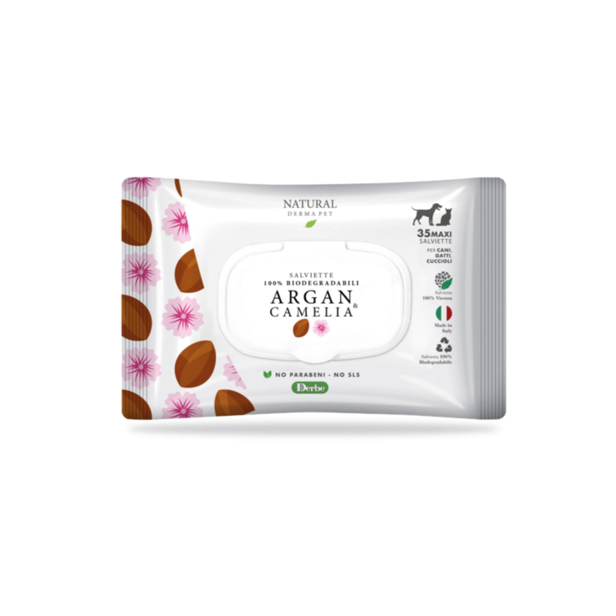 Natural Derma Pet by Derbe Salviette Detergenti Profumate Biodegradabili Argan e Camelia per Cani Gatti e Cuccioli