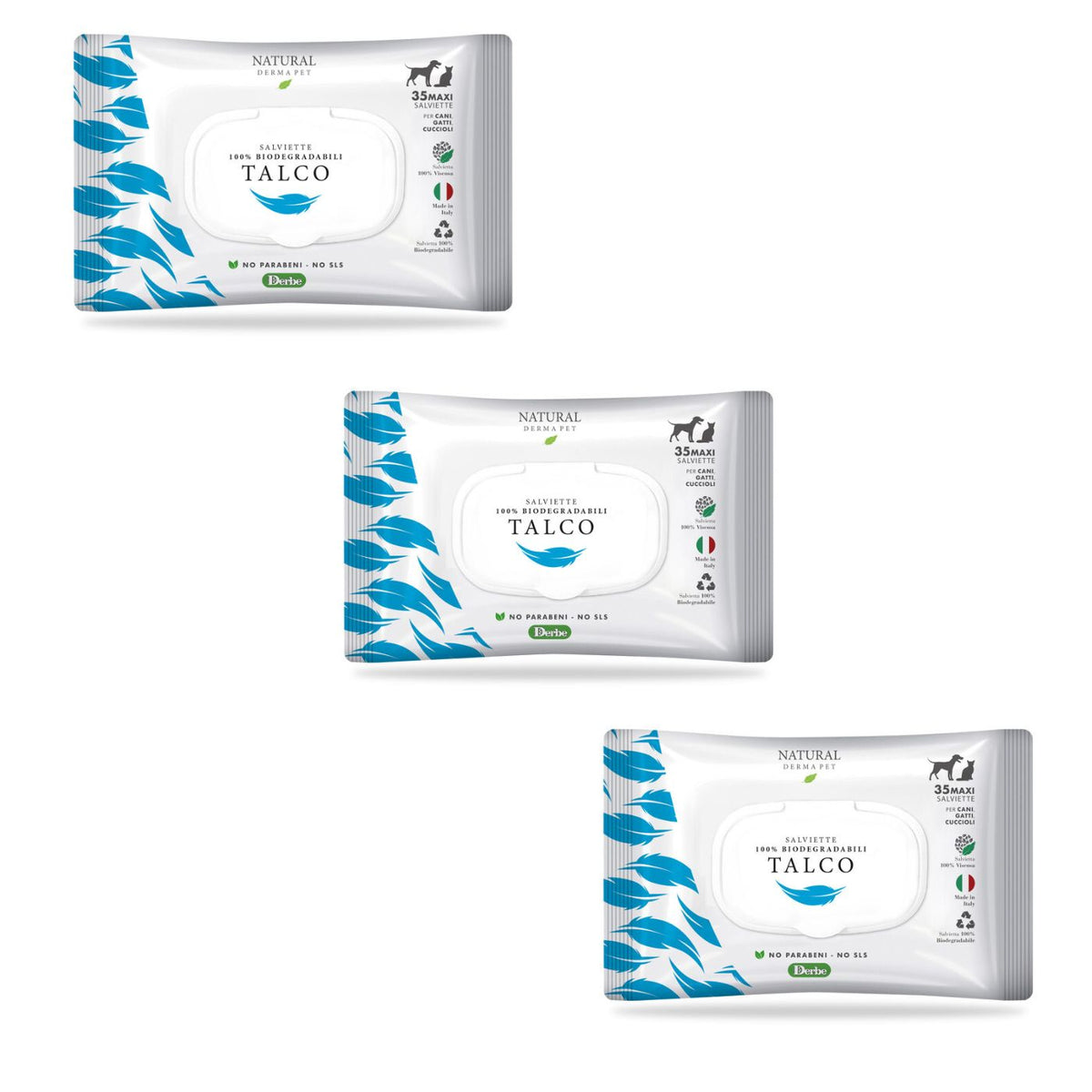 Natural Derma Pet by Derbe Salviette Detergenti per Cani Gatti e Cuccioli al Talco 100% Biodegradabili