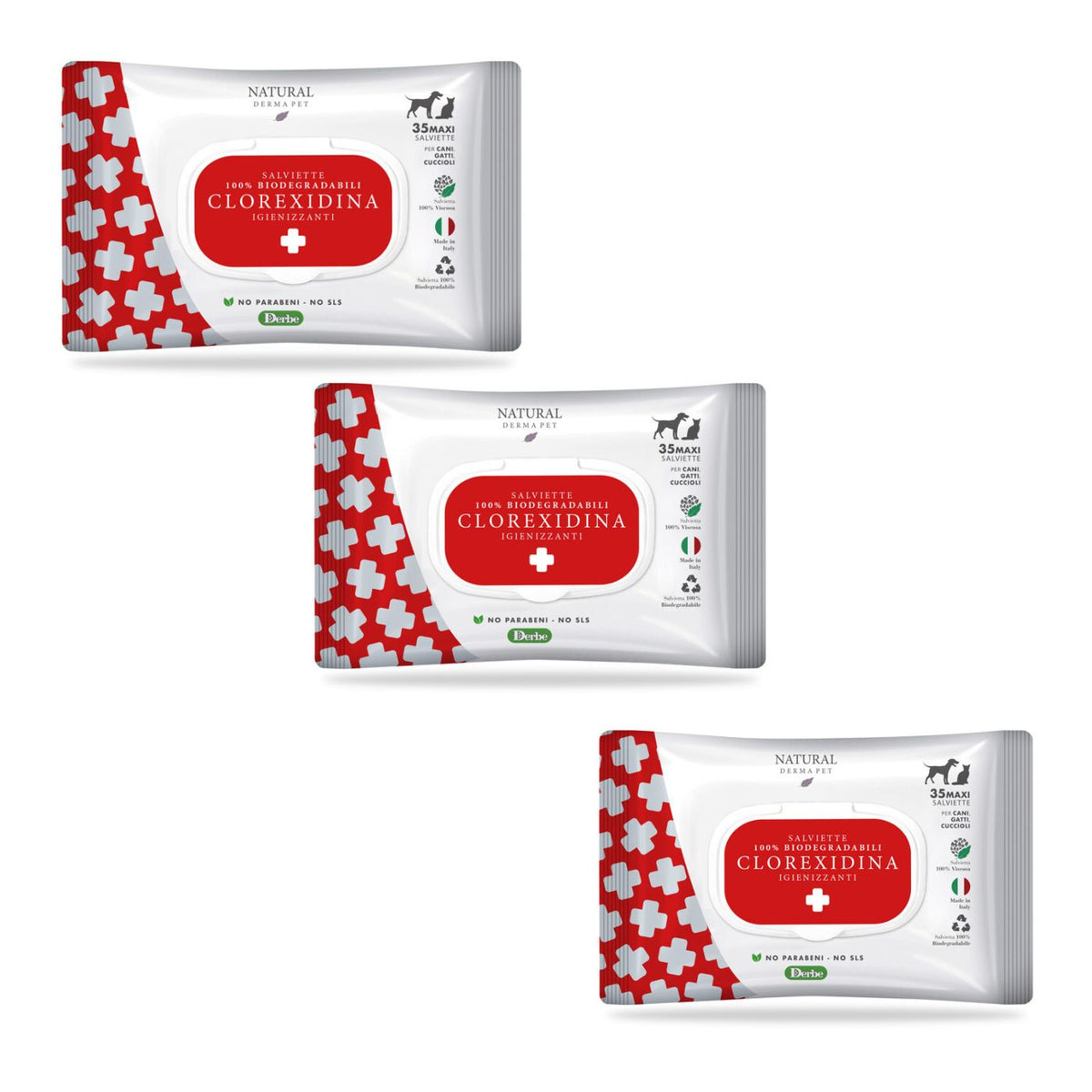 Natural Derma Pet by Derbe Salviette Detergenti alla Clorexidina per Cani Gatti e Cuccioli 100% Biodegradabili