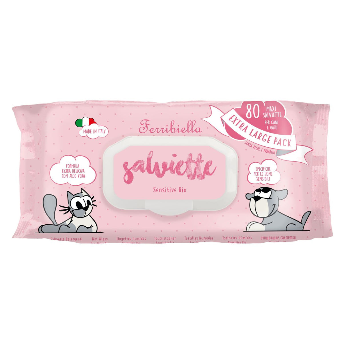 Ferribiella Salviette Sensitive Biologiche per Cani e Gatti 80 Pezzi