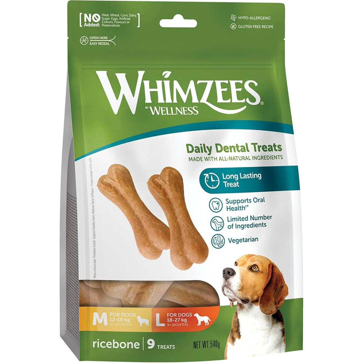 Whimzees Snack Dentale Naturale Osso di Riso per Cani Ricebone M/L 12-27 Kg 9 pezzi