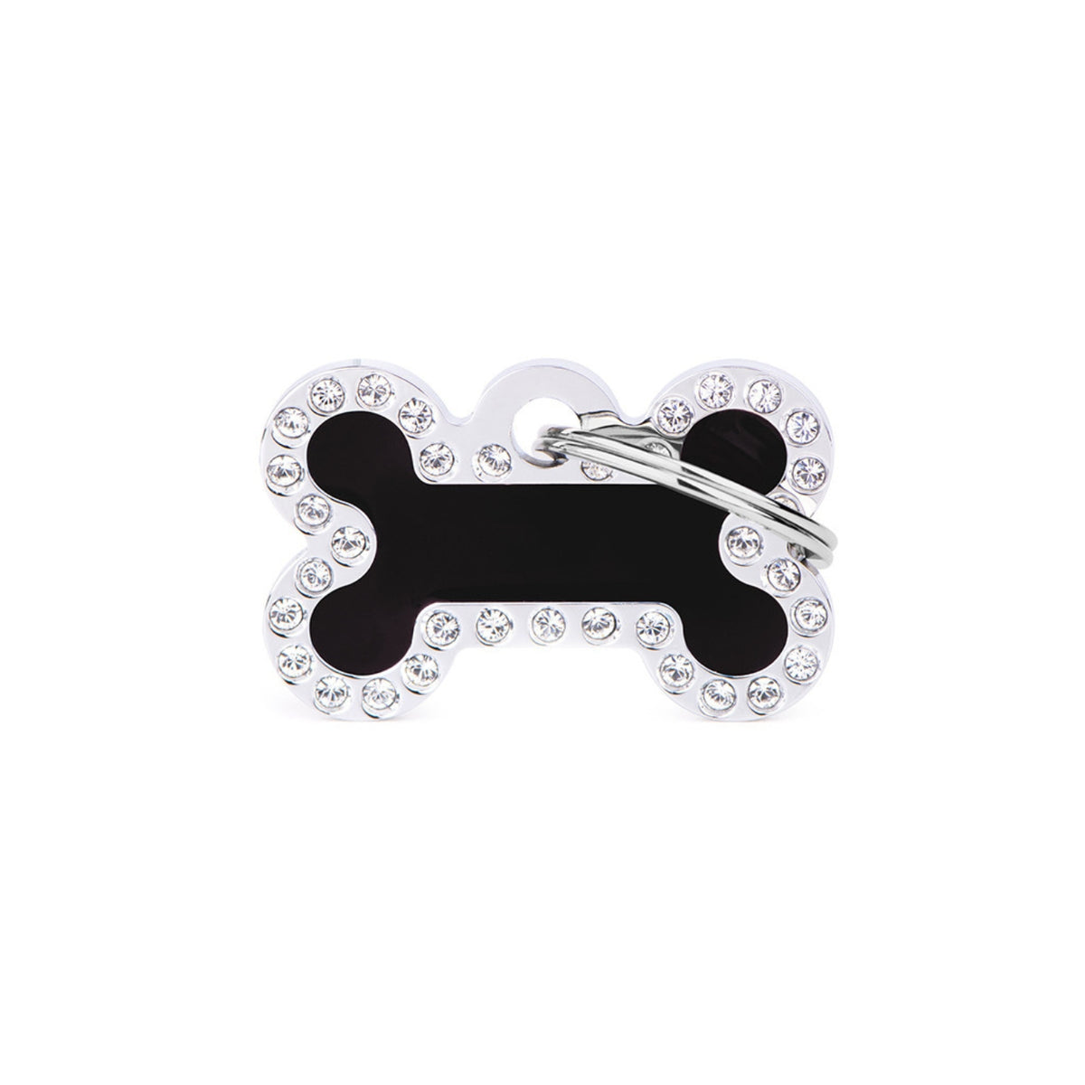 MyFamily Medaglietta per Cani Personalizzabile Glam Osso Nero Piccolo Strass