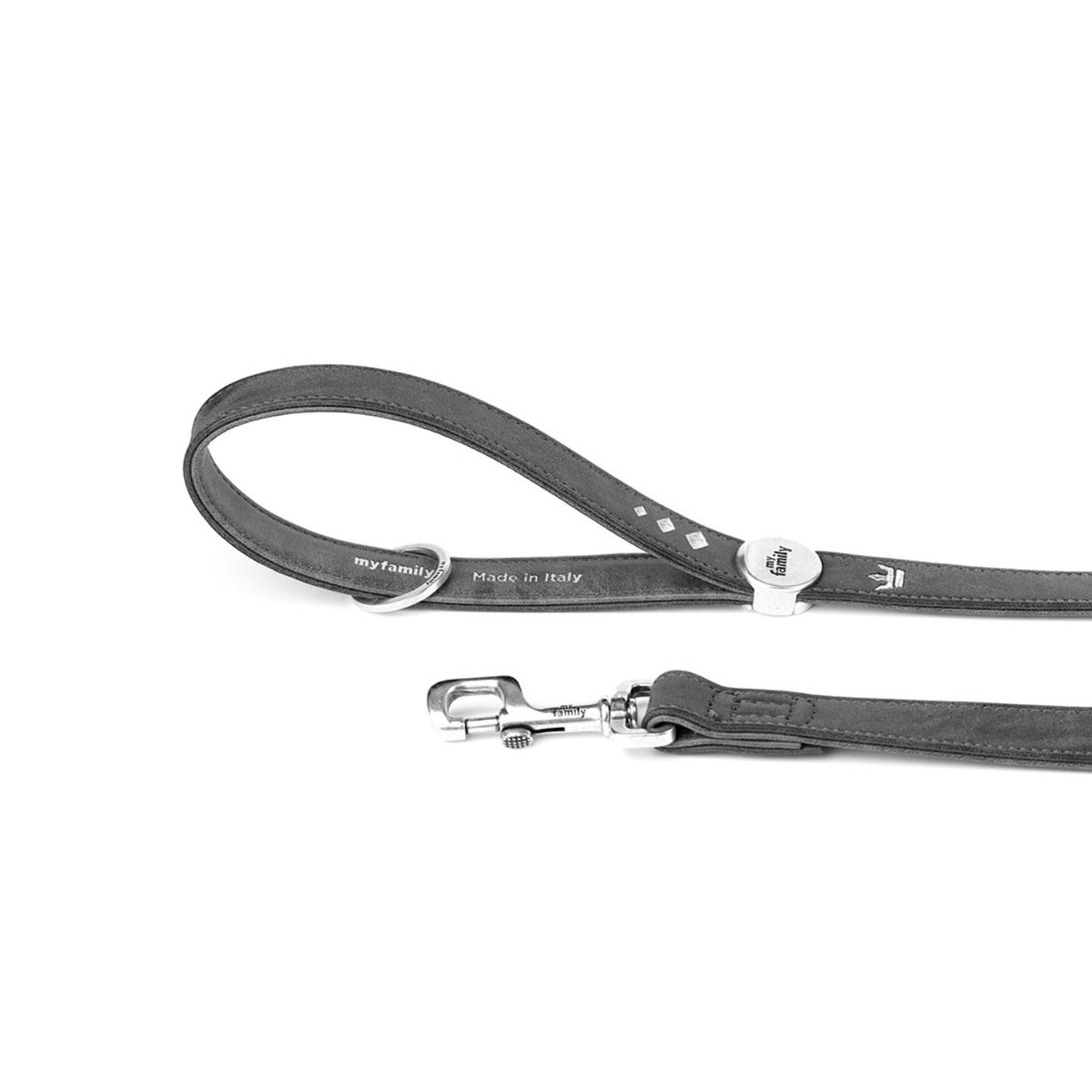 MyFamily Guinzaglio per Cani in Similpelle Grigio e Nero 110 x 2,2 cm Royal Ricamo Corona King con Finiture in Argento Antico
